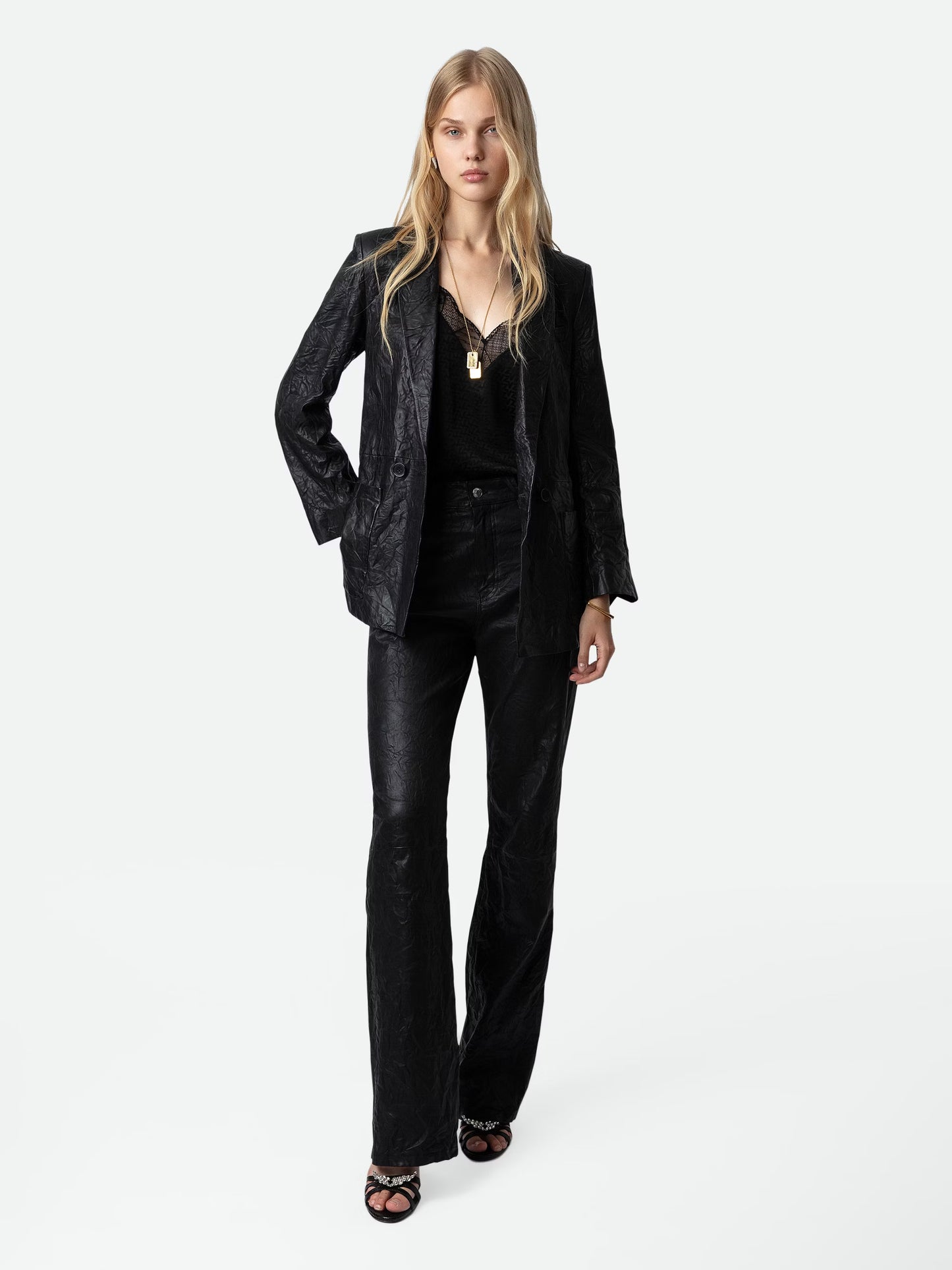 Veste Visko Cuir Froissé blazer noir femme