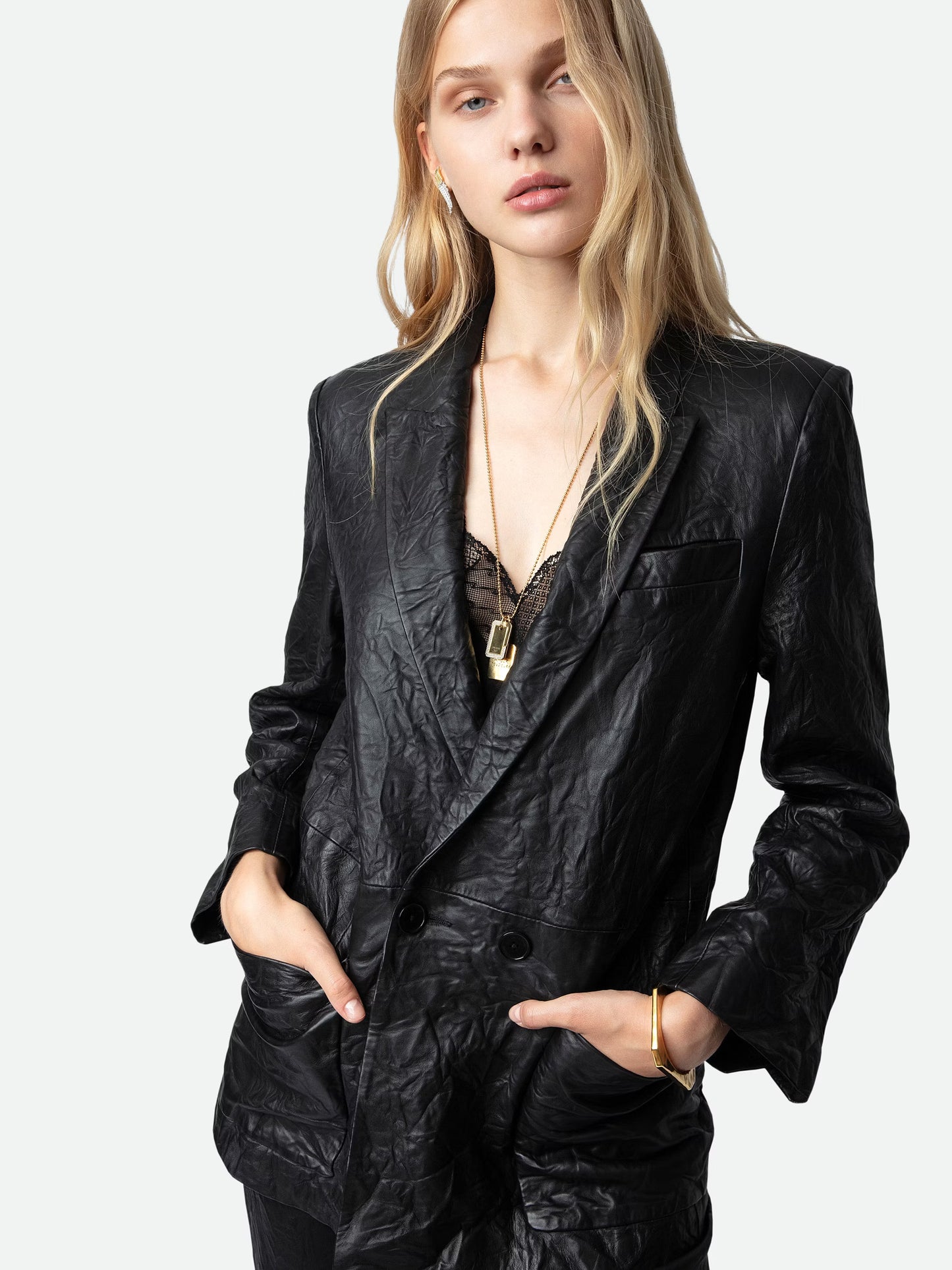 Veste Visko Cuir Froissé blazer noir femme