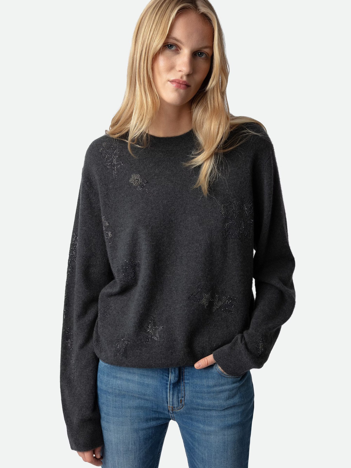 Pull Pravis Cachemire Strass pull gris femme